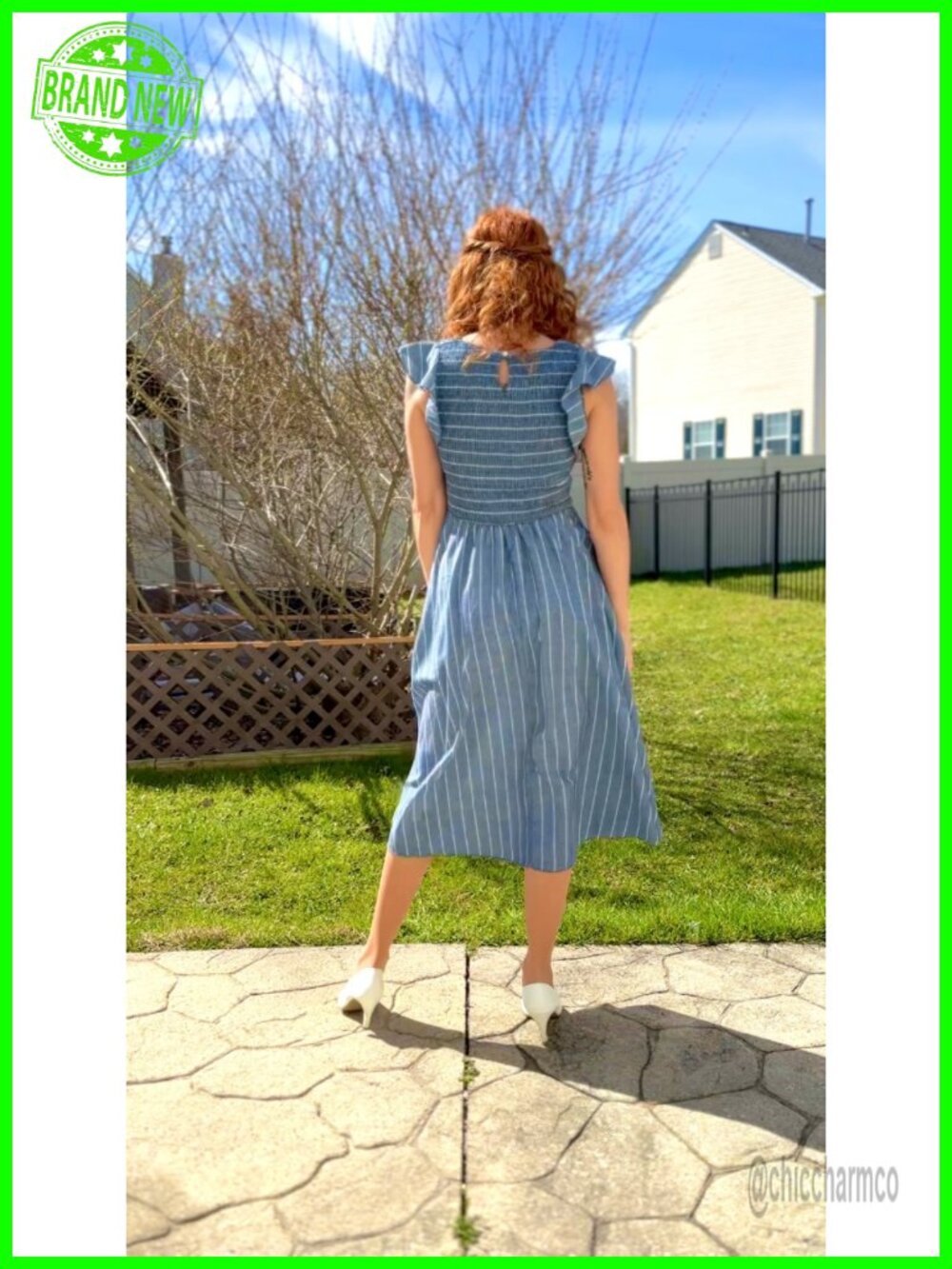 Cotton Linen Midi Dress with Pockets Square Neck Flutter Sleeve Boho - Picture 7 of 7